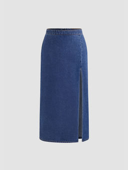 Cider - Denim Mid Rise Solid Split Maxi Skirt