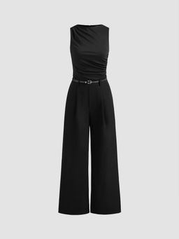 Cider - Woven Boat Neck Solid Ruched Jumpsuit with Belt