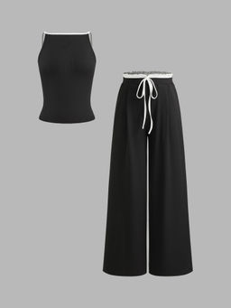 Cider - Square Neck Solid Contrasting Binding Tank Top & Mid Rise Wide Leg Trousers (Set of 2)