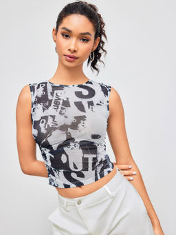Cider - Mesh Round Neck Abstract Crop Tank Top