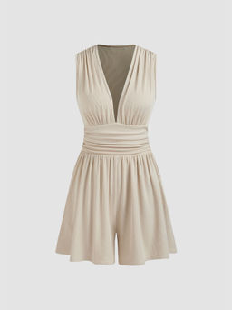 Cider - V-Neck Solid Ruched Pocket Romper