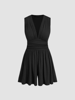 Cider - V-Neck Solid Ruched Pocket Romper