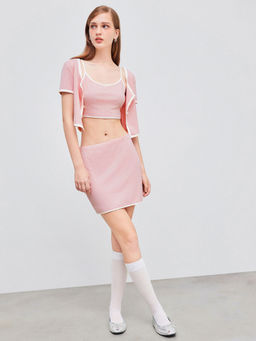 Cider - Gingham Short Sleeve Top with Crop Cami Top & Mini Skirt (Set of 2)