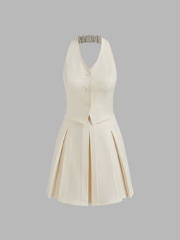 Cider - Woven V-Neck Halter Solid Pleated Vest Mini Dress