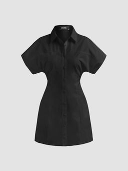 Cider - Collar Solid Ruched Short Sleeve Mini Shirt Dress