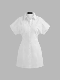 Cider - Collar Solid Ruched Short Sleeve Mini Shirt Dress
