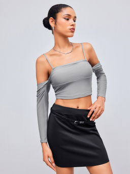 Cider - Woven Off-Shoulder Solid Ruched Long Sleeve Top