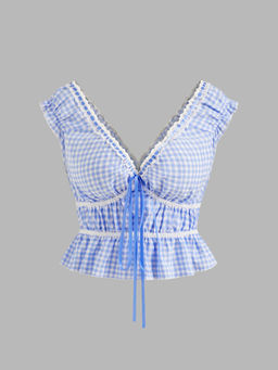 Cider - V-Neck Gingham Knotted Sleeveless Blouse Top