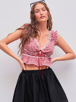 Cider - V-Neck Gingham Knotted Sleeveless Blouse Top