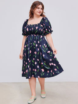 Cider - Woven Square Neck Floral Lettuce Trim Midi Dress Curve & Plus