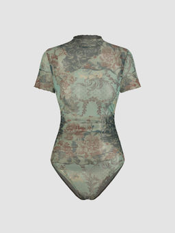 Cider - Mesh High Neck Floral Ruched Bodysuit