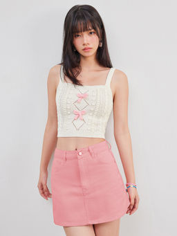 Cider - Knit Square Neck Bowknot Crop Cami Top