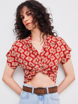 Cider - Woven Collar Aztec Knotted Short Sleeve Top