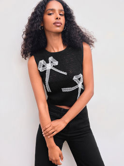 Cider - Round Neckline Lace Bowknot Crop Vest