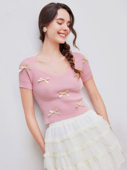 Cider - Knit V-Neck Bowknot Crop Short Sleeve Top