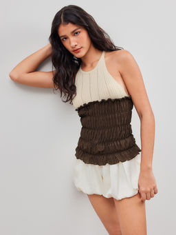 Cider - Knit Round Neckline Two Tone Shirred Crop Tank Top
