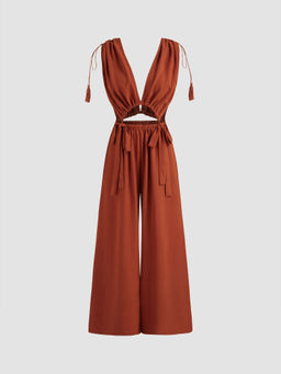 Cider - Two Way V-Neck Solid Drawstring Knotted Wide Leg Jumpsuit