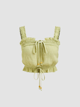 Cider - Square Neck Solid Beaded Knotted Lettuce Trim Crop Tank Top