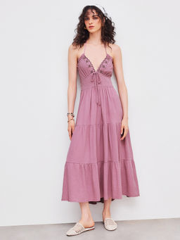 Cider - Halter Solid Knotted Shirred Ruffle Maxi Dress