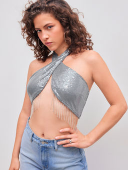 Cider - Sequin Halter Solid Criss Cross Tassel Crop Top