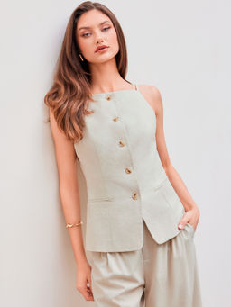 Cider - Linen-Blend Square Neck Solid Blazer Vest