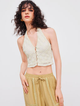 Cider - Halter Solid Texture Button Crop Top