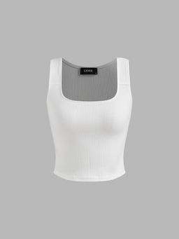 Cider - Cotton-Blend Rib Square Neck Solid Tank Crop Top