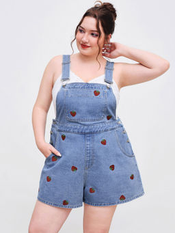 Cider - Denim Strawberry Embroidery Pocket Button Romper Curve & Plus