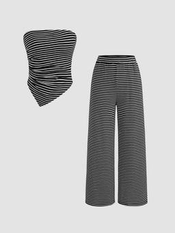 Cider - Strapless Striped Asymmetrical Hem Tube Top & Wide Leg Trousers (Set of 2)