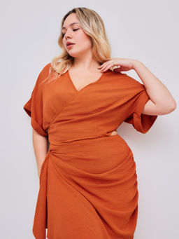 Cider - Woven V-Neck Wrap Knotted Crop Short Sleeve Top Curve & Plus