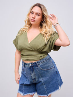 Cider - Linen-Blend V-Neck Wrap Knotted Roll-Up Sleeve Crop Blouse Top Curve & Plus