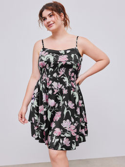 Cider - Satin Square Neck Floral Corset Ruffle Tiered Mini Dress Curve & Plus