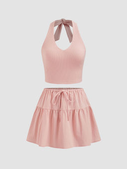 Cider - Cotton-Blend Halter Solid Knotted Crop Top & Mid Rise Ruffle Mini Skirt (Set of 2)