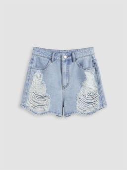 Cider - Denim Mid Rise Solid Ripped Straight Leg Shorts