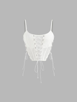 Cider - Mesh Scoop Neckline Solid Corset Lace Up Cami Crop Top