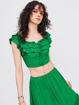 Cider - Woven Square Neck Lettuce Trim Knotted Shirred Crop Top