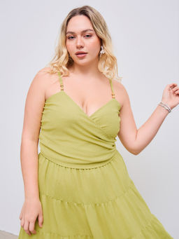 Cider - Woven V-Neck Solid Beaded Knotted Crop Cami Top Curve & Plus