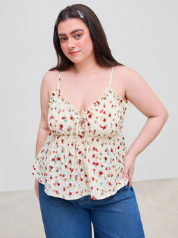 Cider - Woven Sweetheart Floral Lettuce Trim Knotted Cami Top Curve & Plus