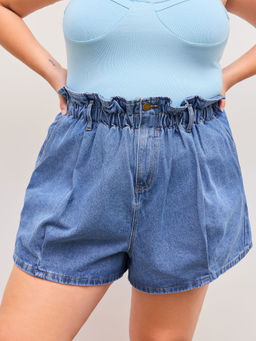 Cider - Denim Mid Rise Paperbag Waist Solid Pocket Shorts Curve & Plus