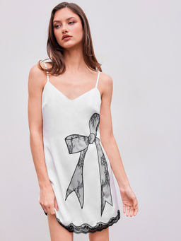 Cider - Satin V-Neck Bowknot Contrasting Lace Mini Dress