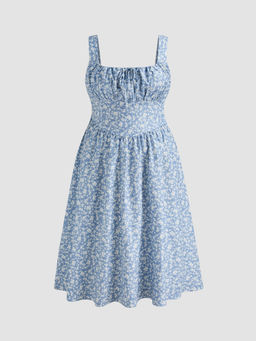 Cider - Woven Square Neck Floral Corset Knotted Ruffle Midi Dress Curve & Plus