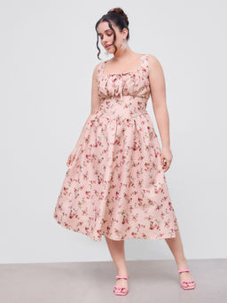Cider - Woven Square Neck Floral Corset Knotted Ruffle Midi Dress Curve & Plus