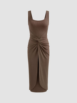 Cider - Square Neck Solid Twist Knotted Maxi Dress