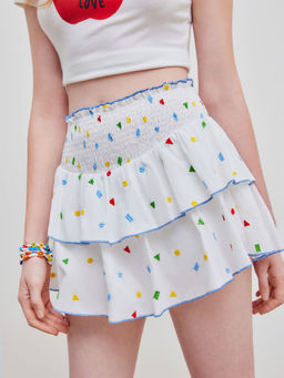 Cider - Cotton Mid Rise Geometric Embroidered Shirred Layered Mini Skirt