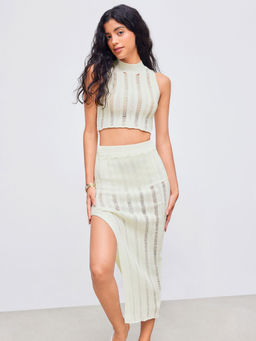 Cider - Knit Round Neck Solid Tank Top & Split Maxi Skirt (Set of 2)
