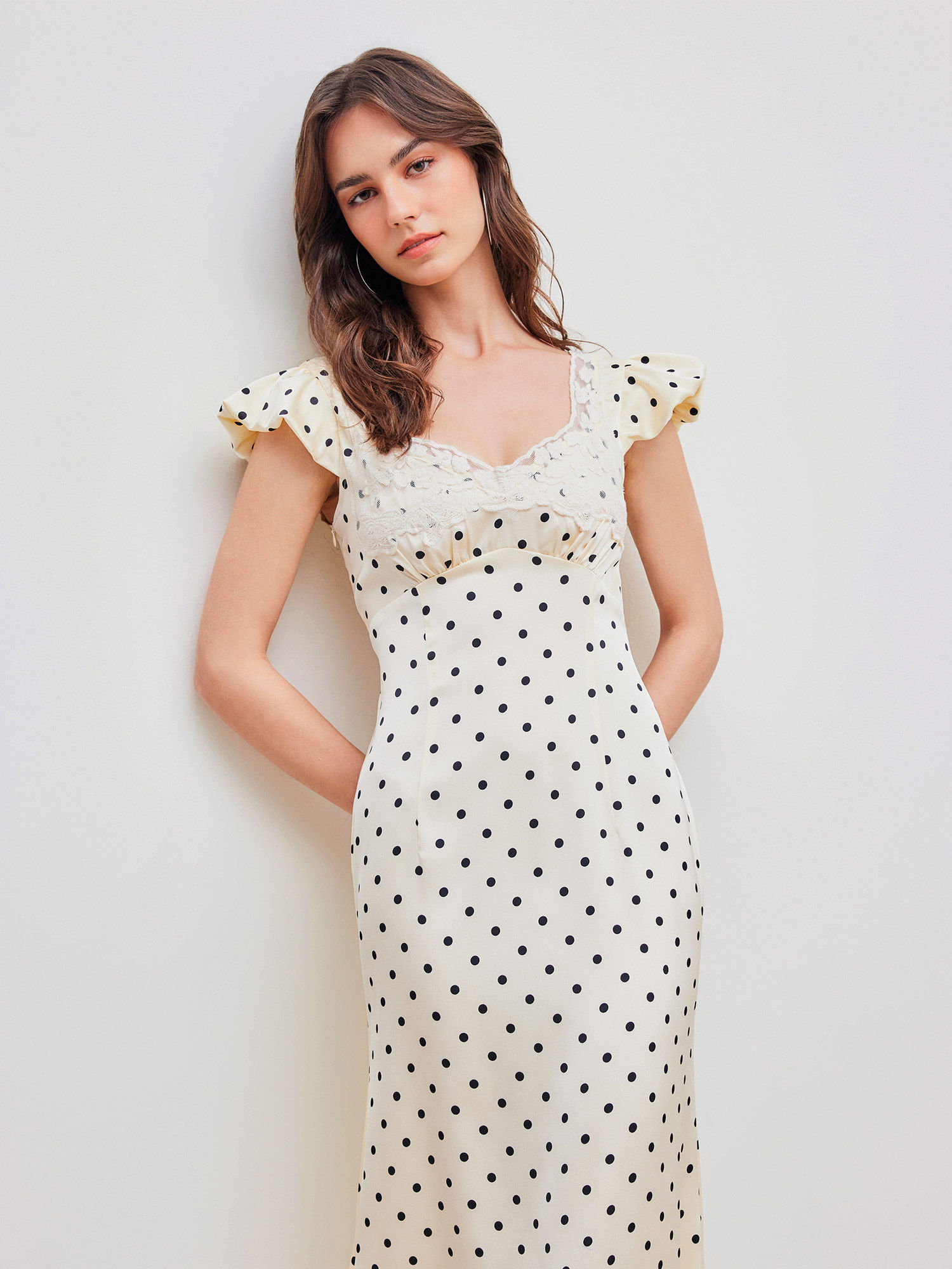 Buy Cider Woven Sweetheart Polka Dot Lace Trim Maxi Dress (S) Online