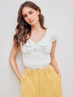 Cider - V-Neck Solid Knotted Floral Embroidered Smocked Crop Blouse Top