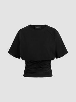 Cider - Cotton-Blend Round Neck Solid Ruched Short Sleeve Tee