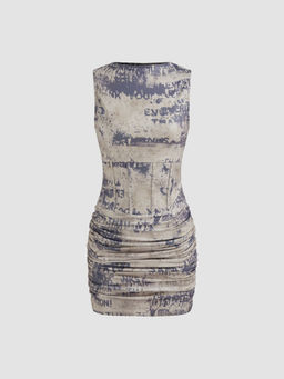 Cider - Boat Neck Abstract Corset Ruched Mini Dress