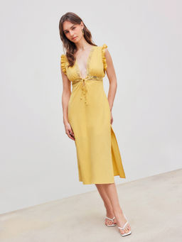 Cider - V-Neck Solid Knotted Lettuce Trim Split Midi Dress